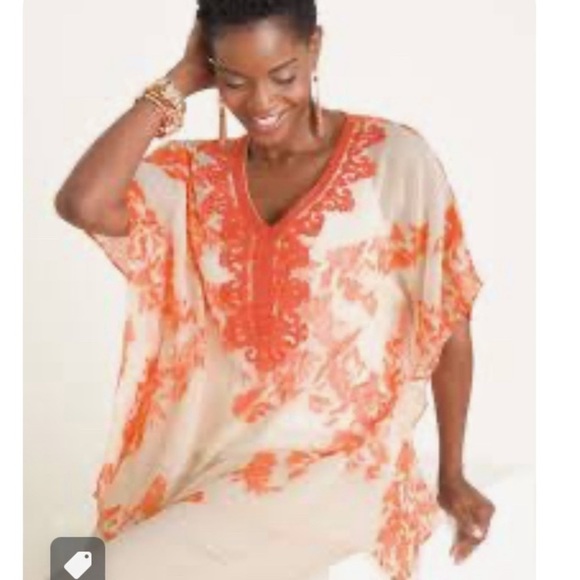 Chico’s chiffon poncho kimono sheer boho orange embroidered top size XL - Picture 1 of 8